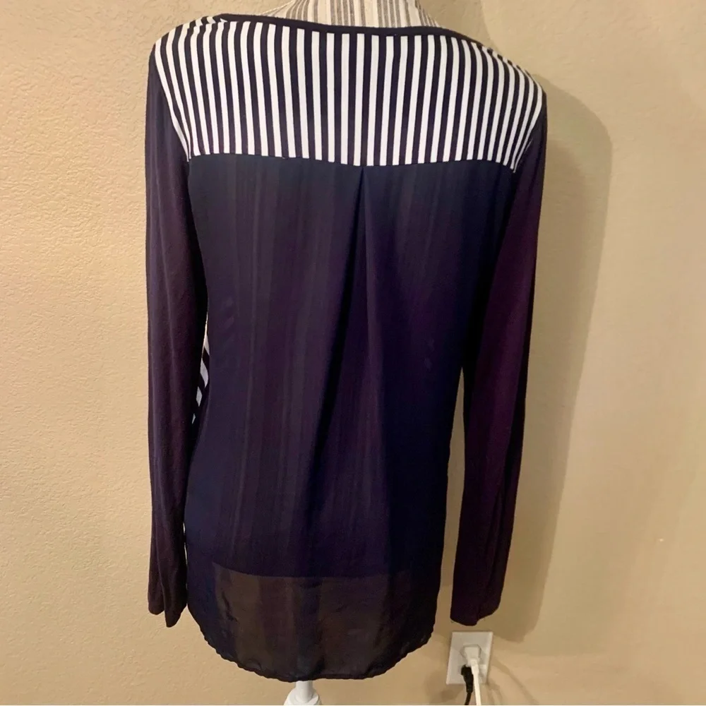 MK Michael Kors Tunic Top Small Navy Blue White Striped Front Sheer Back
